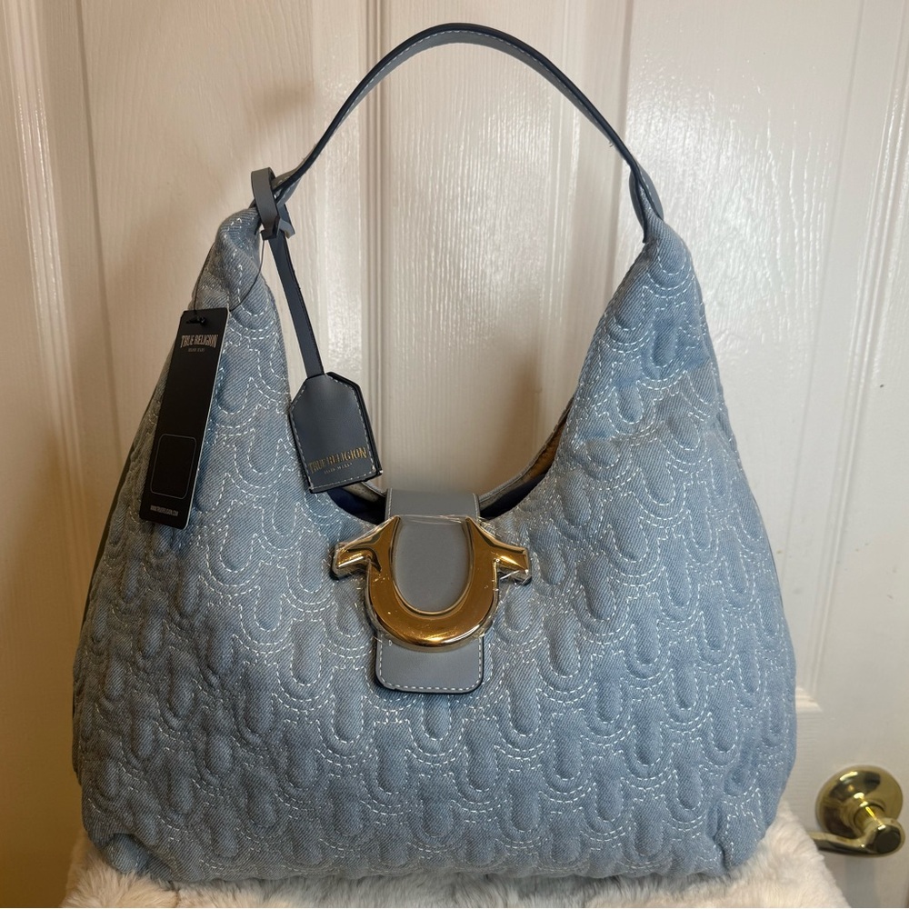 TRUE RELIGION QUILTED WOMENS SHOULDER BAG PURSE HOBO HANDBAG WITH HORSESHOE LOGO